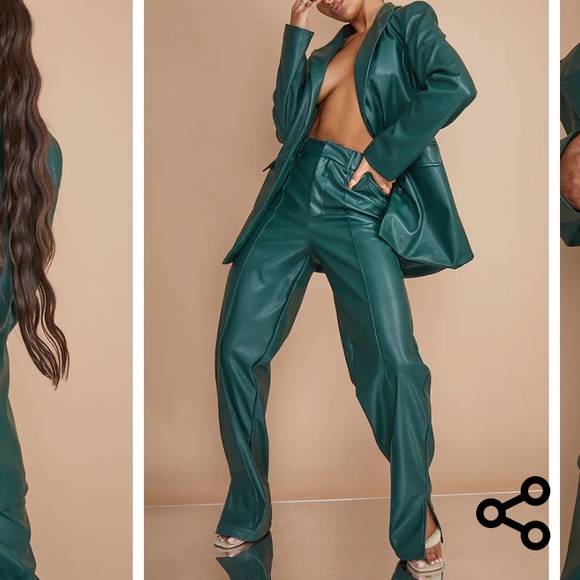 Bottle green faux leather straight pants - Picture 4 of 6